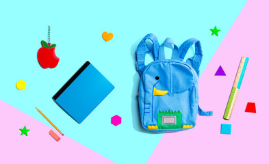 School stationery supplies - overhead view flat lay