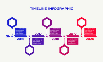 timeline infographic template with hexagons, years and text. business process flowchart