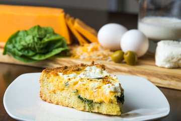 Keto homemade goat cheese and spinach pie. Close up.