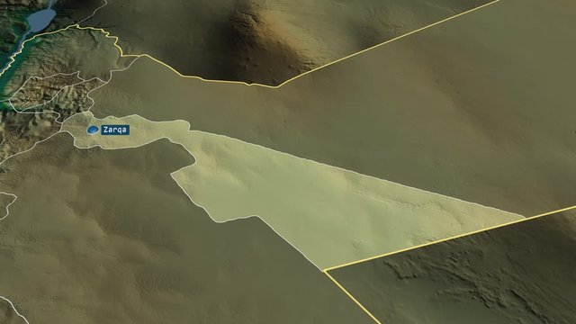 Zarqa - province of Jordan with its capital zoomed on the physical map of the globe. Animation 3D