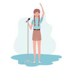 young woman with microphone with stand on white background