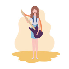 young woman with electric guitar on white background