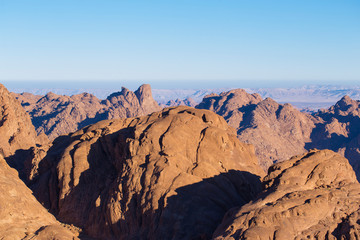 Fototapeta na wymiar Egypt. Mount Sinai in the morning at sunrise. (Mount Horeb, Gabal Musa, Moses Mount). Pilgrimage place and famous touristic destination. 