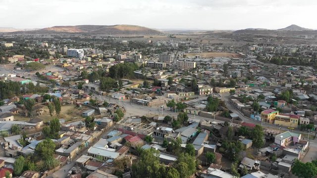 Drone flight over Aksum city in Ethiopia