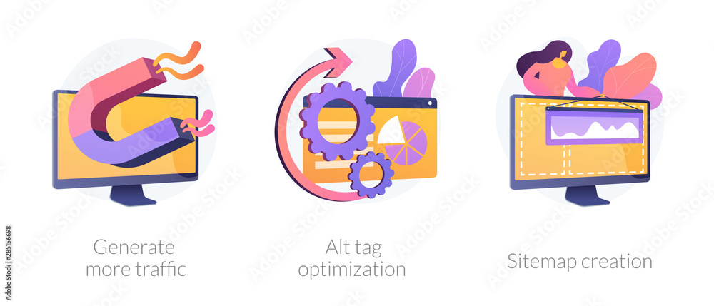 Poster website promotion services icons set. search engine optimization business. generate more traffic, al