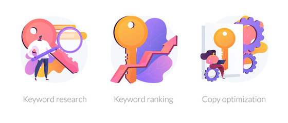 Search engine optimization service icons set. SEO analytics, marketing business. Keyword research, keyword ranking, copy optimization metaphors. Vector isolated concept metaphor illustrations