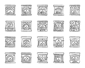 Fireplace charcoal draw line icons vector set