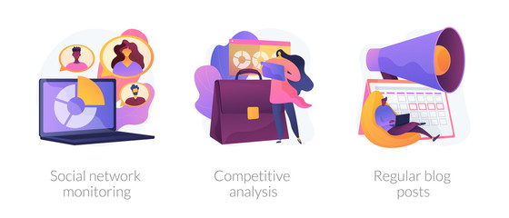 Business analytics, digital marketing icons set. Online promotion service. Social network monitoring, competitive analysis, regular blog posts metaphors. Vector isolated concept metaphor illustrations