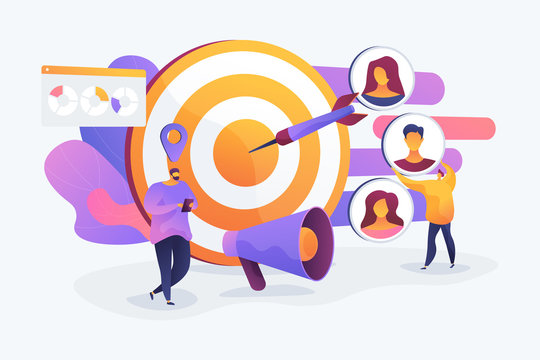Customer attraction campaign, accurate promo, advertising business. Market segmentation, adverts, target market, target group, target customer concept. Vector isolated concept creative illustration