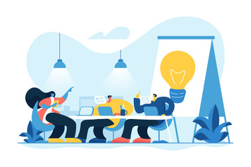 Remote work, colleagues brainstorming and searching solution. Coworking of freelancers, teamwork and communication, independent activity concept. Vector isolated concept creative illustration