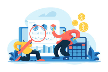 Financial and it audit. Auditors learning fin data of the company and analyzing charts. Financial statement, independent auditor, IT business solutions concept. Vector isolated concept illustration