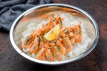 boiled shrimp on ice on dark concrete rustic table