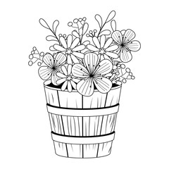 Flowers and leaves inside barrel pot vector design