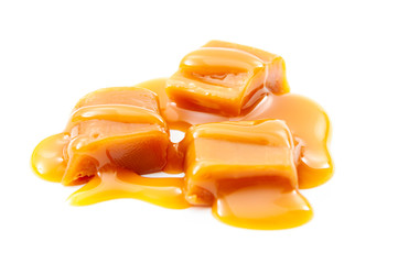 Butterscotch toffee candy, chewy and sticky confectionery treat and sweet caramel candies with...