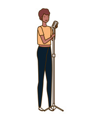 young woman with microphone on white background