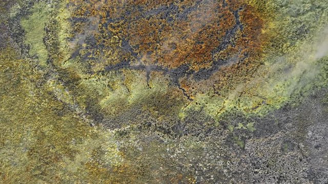 Bird's eye perspective of mysterious acid volcanic crater of Dallol volcano, located in the remote Danakil depression deserts in Ethiopia