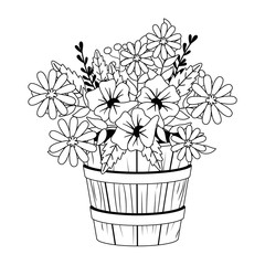 Flowers and leaves inside barrel pot vector design