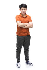 Angry boy isolated on white background.