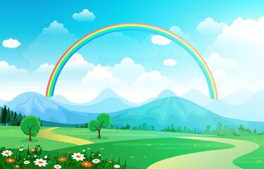 Beautiful Rainbow Sky with Green Meadow Mountain Nature Landscape Illustration
