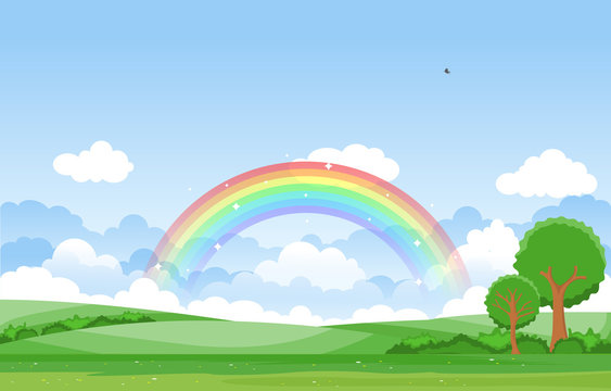 Beautiful Rainbow Sky with Green Meadow Mountain Nature Landscape Illustration