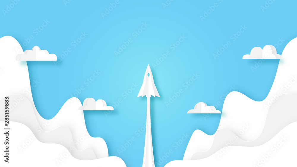 Poster rocket ship launch flying on blue sky with clouds.paper art of business start up concept creative id