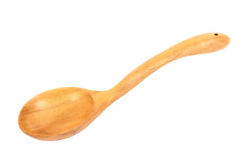 Wood ladle isolated on white background. Curved carving wood ladle scoop isolated