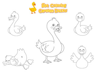 Set Coloring the Cute Cartoon Ducks. Educational Game for Kids. Vector illustration With Cartoon Funny Animal Frame