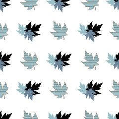 Seamless pattern with patterned leaves. Complex illustration print in aqua, yellow, grey, black and white