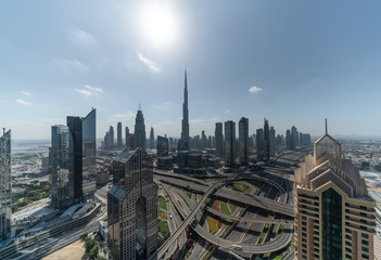 Panoramic view of modern city skyline and cityscape in Dubai. UAE
