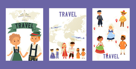 Travel and children nationalities set of cards, posters vector illustration. Kids characters in traditional costume national dress. Cultures. International multicultural friendship traveling.