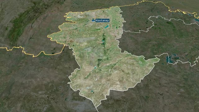 Qostanay - region of Kazakhstan with its capital zoomed on the satellite map of the globe. Animation 3D