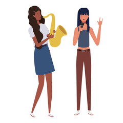 women with musicals instruments on white background