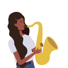 young woman with saxophone on white background