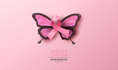 Breast cancer awareness pink butterfly wing ribbon