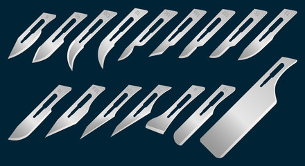 Set of removable blades for scalpel handle No. 3. Steel surgical blades of different shapes. Vector