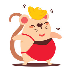 Little Rat with Chinese gold on top of head. Chinese New Year. The year of the Rat. - Vector flat art