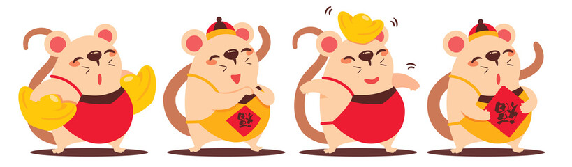 Cartoon cute rat mascot set. Cartoon cute rat greetings. Cute rat holdings Chinese golds. Cute rat holding red calligraphy paper. Chinese new year 2020. Translation: Wealth - Vector flat art