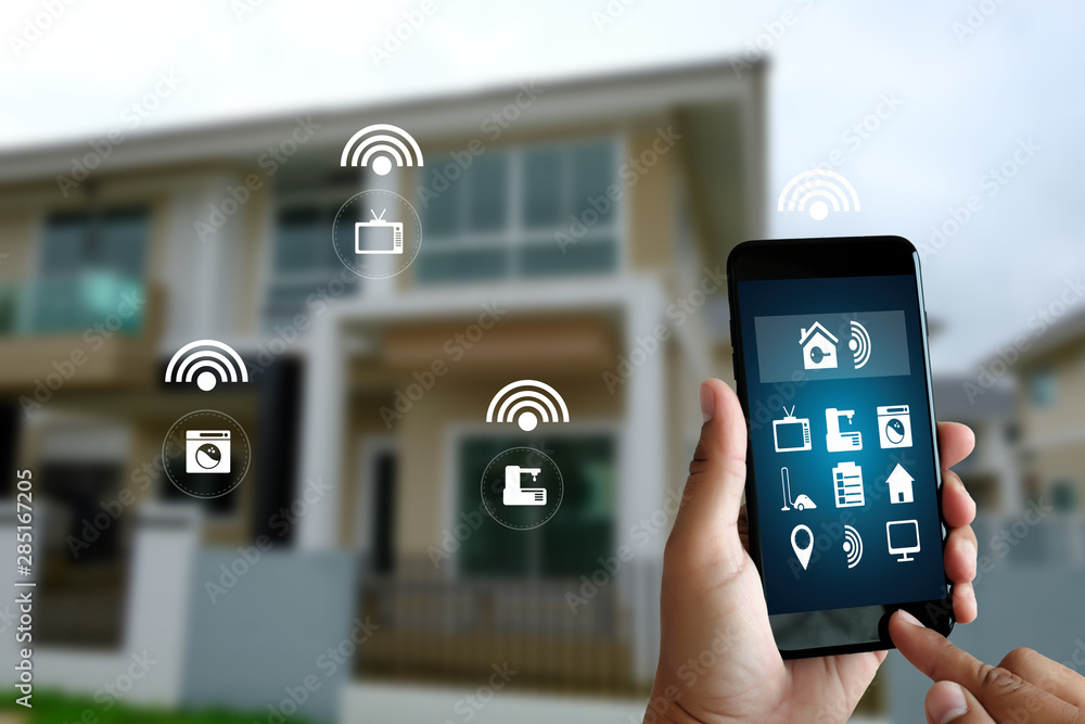 Poster man use mobile phone with smart home app smart home augmented reality (ar) internet of things (iot)