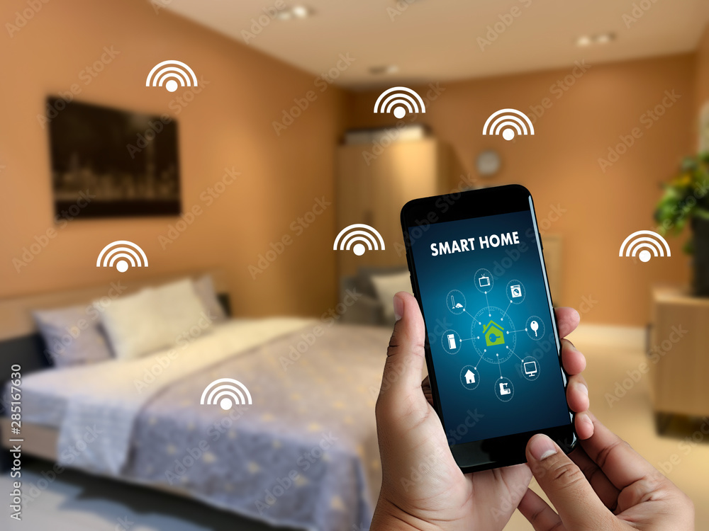 Poster man use mobile phone with smart home app smart home augmented reality (ar) internet of things (iot)