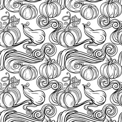 Black and white autumn vector seamless pattern. Pumpkins, raindrops and autumn leaves background.