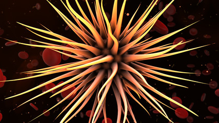 Virus cell in human body under an electron microscope that can cause infection, chronic disease or illness - 3D render