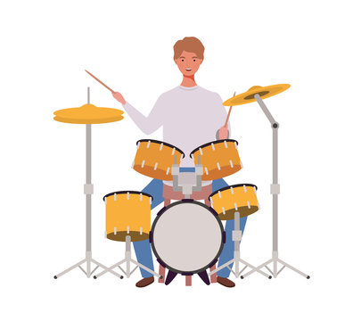 Young Man With Drum Kit On White Background