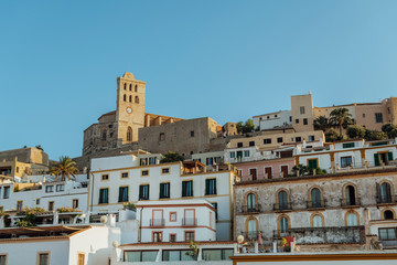 Ibiza postcard, inside Dalt Vila downtown at sunset, UNESCO World Heritage Site, Ibiza, Balearic Islands, Spain, Mediterranean, Europe. Top of Ibiza. Ibiza landscape. Ibiza Church. Ibiza downtown.