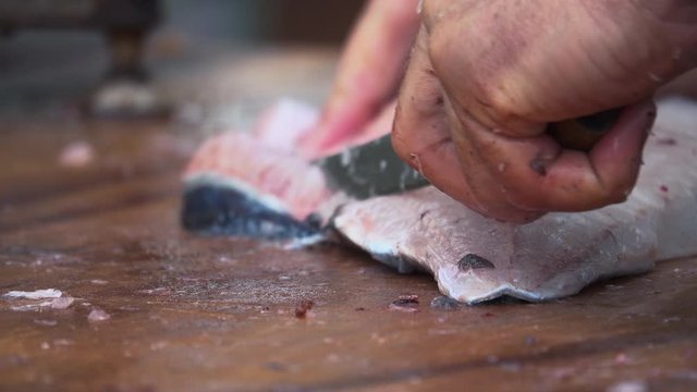 Close up on cutting and cleaning up pollock fillets.
