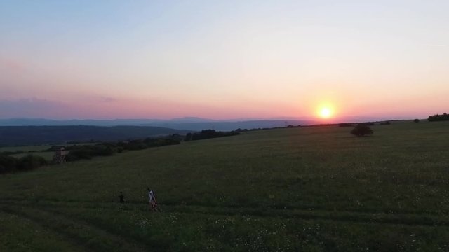 Mom and children run through the meadow at summer sunset. Slow motion wide shot.