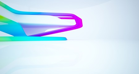 Abstract smooth architectural white interior with color gradient of a minimalist house with large windows.. 3D illustration and rendering.