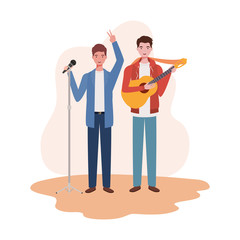 men with musicals instruments on white background