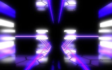 3D abstract alien datacenter with neon light.3d illustration