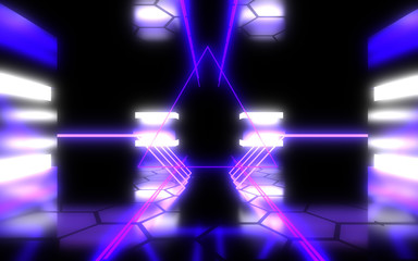3D abstract alien datacenter with neon light.3d illustration