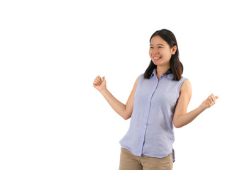 Smiling woman open arms on copy space. isolated White background.